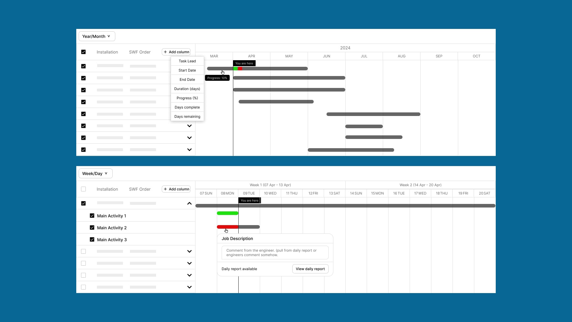 A custom gantt chart feature visualizing current and upcoming jobs.