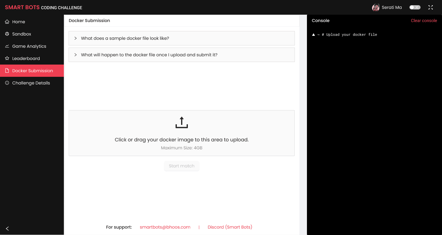 Docker submission page inside the dashboard